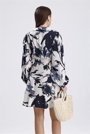 Önü Bağlamalı Kruvaze Yaka Baskılı Elbise - Siyah