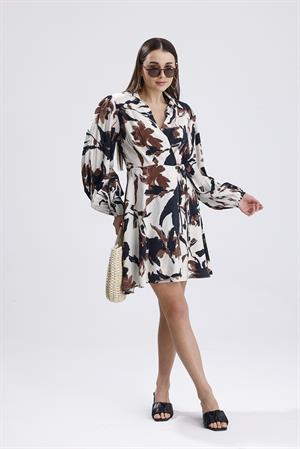 Önü Bağlamalı Kruvaze Yaka Baskılı Elbise - Kahve