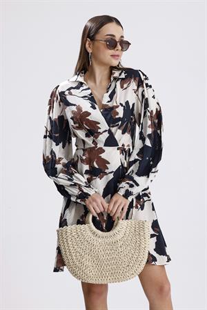 Önü Bağlamalı Kruvaze Yaka Baskılı Elbise - Kahve