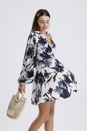 Önü Bağlamalı Kruvaze Yaka Baskılı Elbise - Siyah