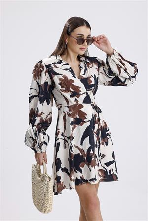 Önü Bağlamalı Kruvaze Yaka Baskılı Elbise - Kahve