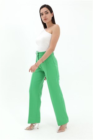Önü Çimalı Atlas Kumaş Pantolon - Yeşil