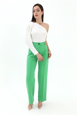 Önü Çimalı Atlas Kumaş Pantolon - Yeşil