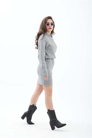 Önü Düğmeli Beli Lastikli Balon Kol Elbise - Gri