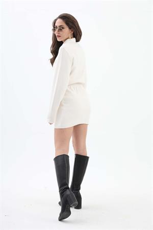 Önü Düğmeli Beli Lastikli Balon Kol Elbise - Ekru