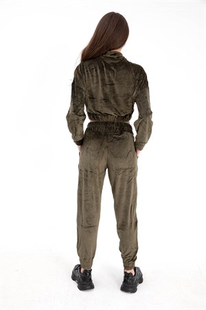 Önü Fermuarlı Kadife Eşofman Takım - Haki