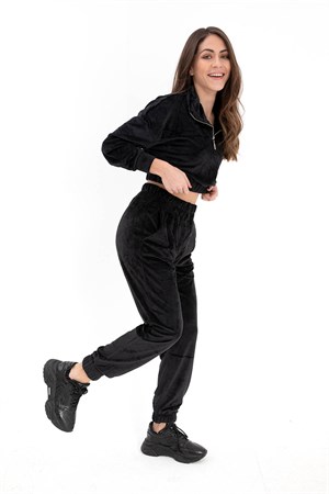 Önü Fermuarlı Kadife Eşofman Takım - Siyah