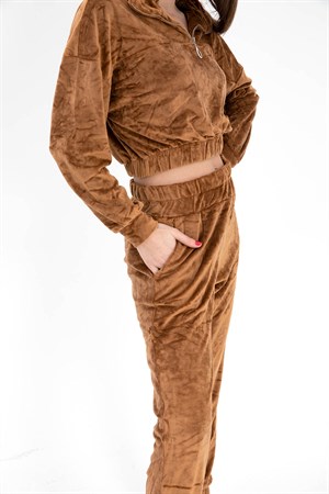 Önü Fermuarlı Kadife Eşofman Takım - Taba