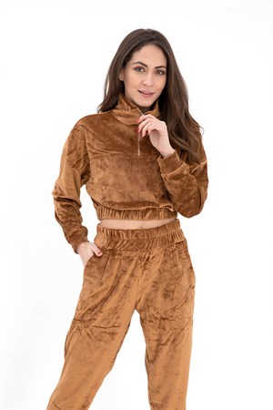 Önü Fermuarlı Kadife Eşofman Takım - Taba