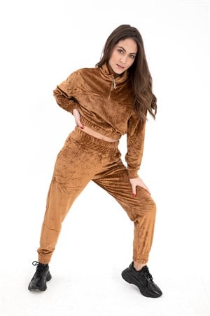 Önü Fermuarlı Kadife Eşofman Takım - Taba