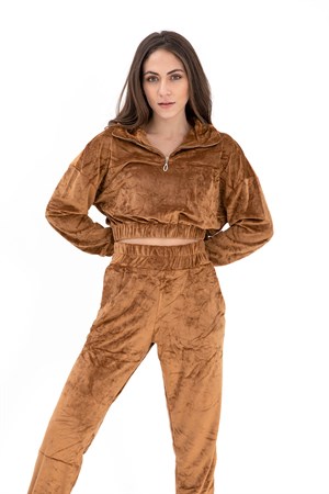 Önü Fermuarlı Kadife Eşofman Takım - Taba