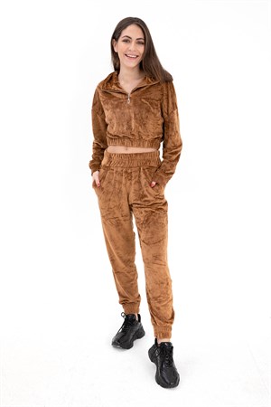 Önü Fermuarlı Kadife Eşofman Takım - Taba