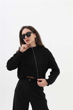 Önü Oval Fermuarlı Hırka - Siyah