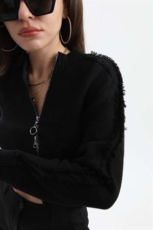 Önü Oval Fermuarlı Hırka - Siyah