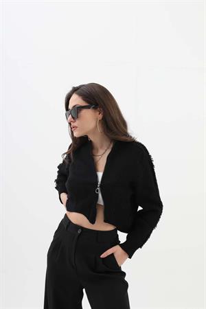 Önü Oval Fermuarlı Hırka - Siyah