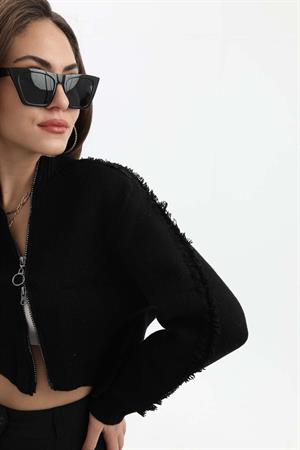 Önü Oval Fermuarlı Hırka - Siyah