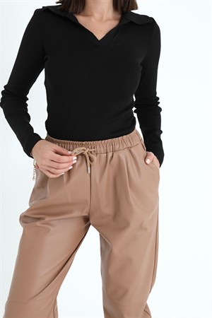 Paçası ve Beli Lastikli Pileli Deri Pantolon - Camel