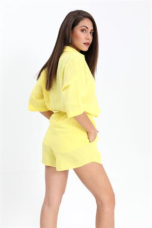 Pamuk Keten Şort Gömlek Kadın İkili Takım - Sarı