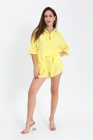 Pamuk Keten Şort Gömlek Kadın İkili Takım - Sarı
