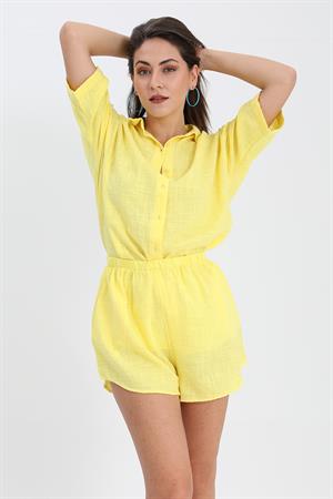 Pamuk Keten Şort Gömlek Kadın İkili Takım - Sarı