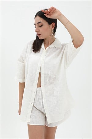 Pamuk Keten Şort Gömlek Kadın İkili Takım - Ekru