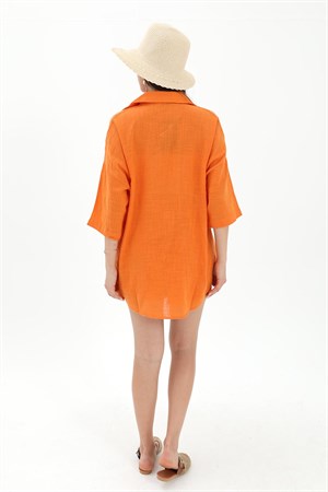 Pamuk Keten Şort Gömlek Kadın İkili Takım - Turuncu