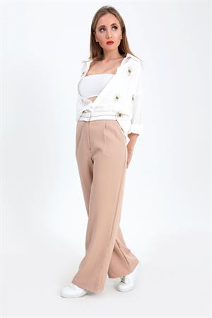 Pantolon Palazzo Garni Kemerli Atlas Kumaş - Bej