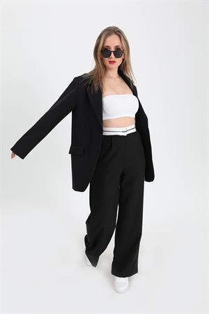 Pantolon Palazzo Garni Kemerli Atlas Kumaş - Siyah