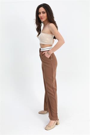 Pantolon Palazzo Garni Kemerli Atlas Kumaş - Taba