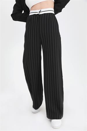 Pantolon Palazzo Garni Kemerli Geniş Çizgili - Siyah