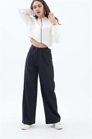 Pile Detaylı Çizgili Poliviskon Pantolon - Lacivert