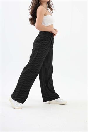 Pile Detaylı Çizgili Poliviskon Pantolon - Siyah