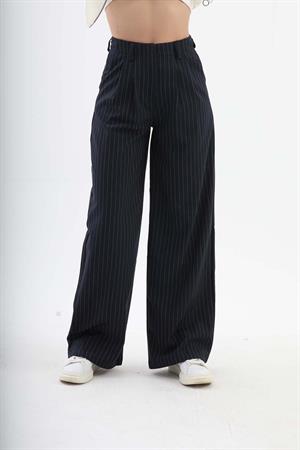 Pile Detaylı Çizgili Poliviskon Pantolon - Lacivert