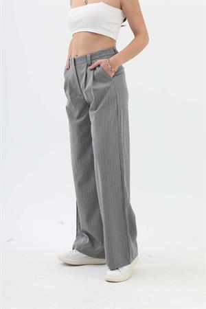 Pile Detaylı Çizgili Poliviskon Pantolon - Gri
