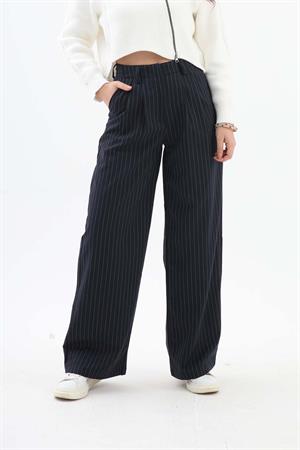Pile Detaylı Çizgili Poliviskon Pantolon - Lacivert
