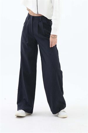 Pile Detaylı Çizgili Poliviskon Pantolon - Lacivert