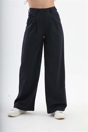 Pile Detaylı Çizgili Poliviskon Pantolon - Lacivert