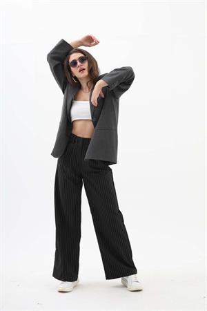 Pile Detaylı Çizgili Poliviskon Pantolon - Siyah