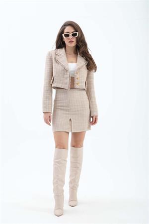 Pile Detaylı Fermuarlı Etek - Vizon