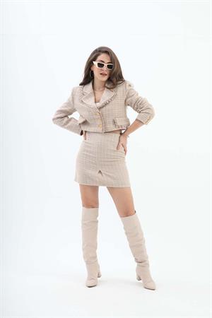 Pile Detaylı Fermuarlı Etek - Vizon