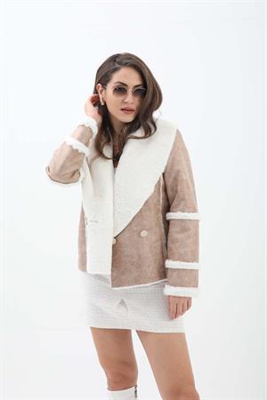 Pis Dikişli İçi Peluş Kısa Deri Kaban - Bej