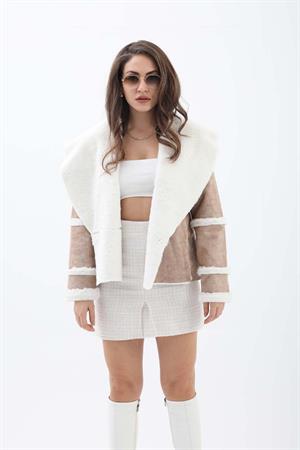 Pis Dikişli İçi Peluş Kısa Deri Kaban - Bej