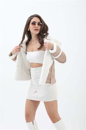 Pis Dikişli İçi Peluş Kısa Deri Kaban - Bej