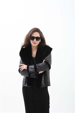 Pis Dikişli İçi Peluş Kısa Deri Kaban - Siyah