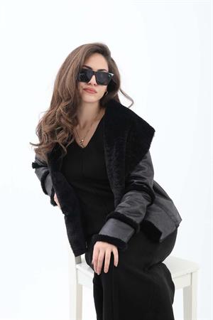 Pis Dikişli İçi Peluş Kısa Deri Kaban - Siyah