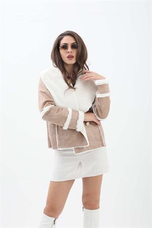 Pis Dikişli İçi Peluş Kısa Deri Kaban - Bej