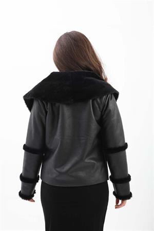 Pis Dikişli İçi Peluş Kısa Deri Kaban - Siyah