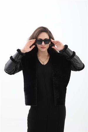 Pis Dikişli İçi Peluş Kısa Deri Kaban - Siyah