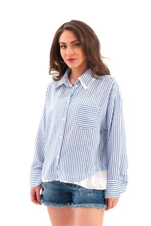 Poplin Garnili Çizgili Keten Gömlek - Mavi