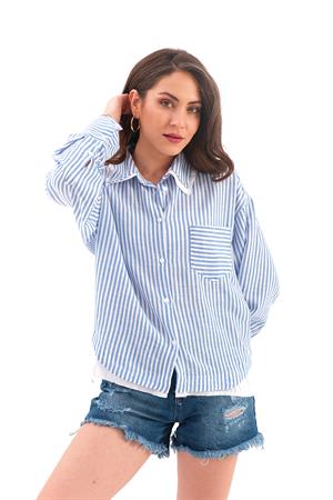 Poplin Garnili Çizgili Keten Gömlek - Mavi